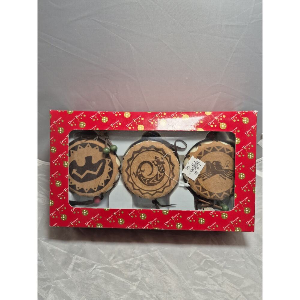 💥 Holiday Southwestern Native Indian Drum Ornaments Set Of 3 in Box B7